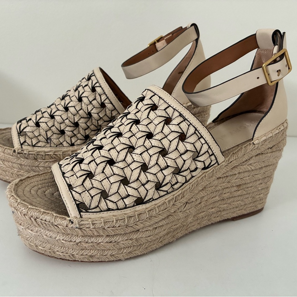 Tory Burch Black and Cream Espadrille Wedges